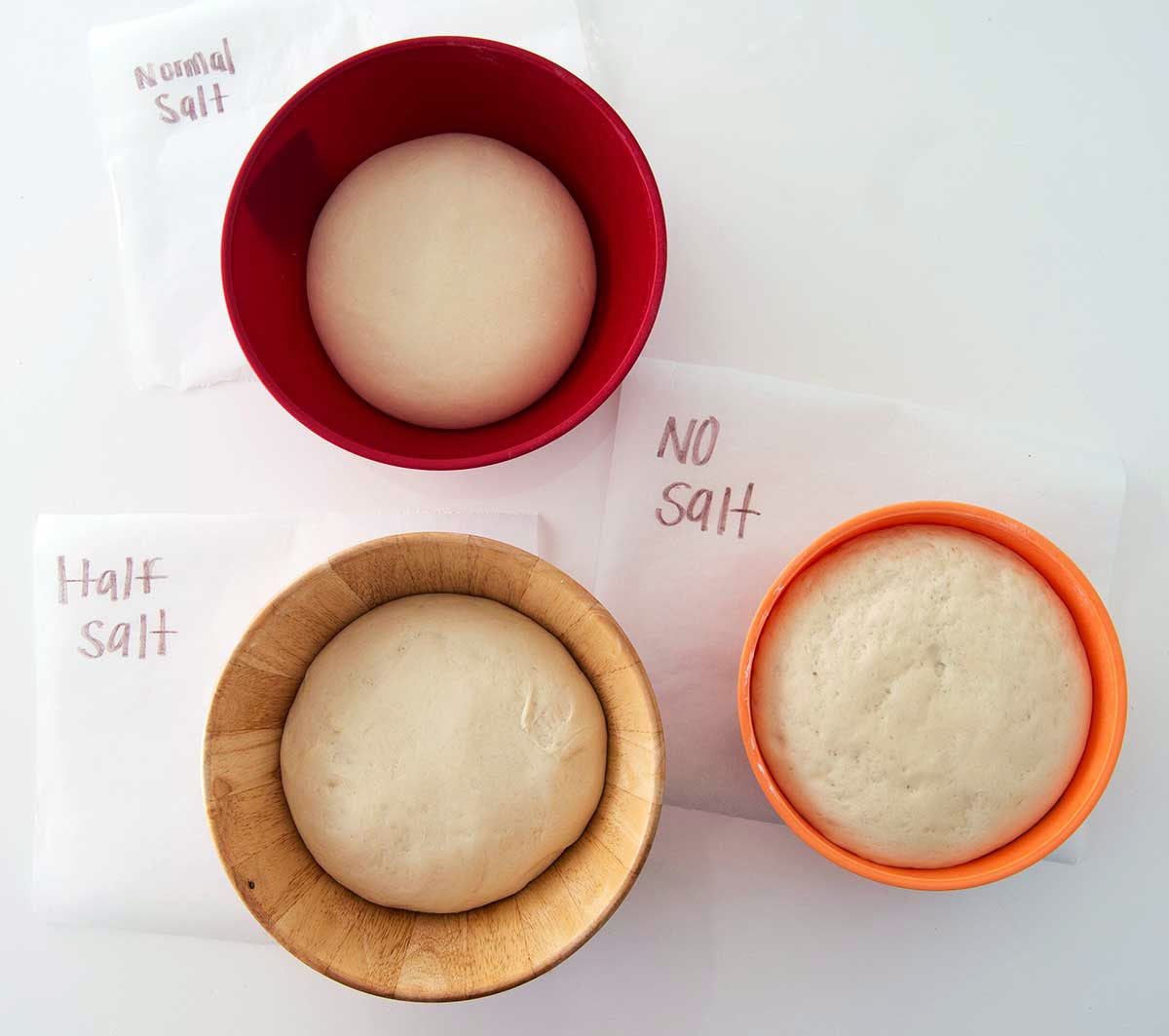 Comparison of three bowls of proofing bread dough, each with different salt levels